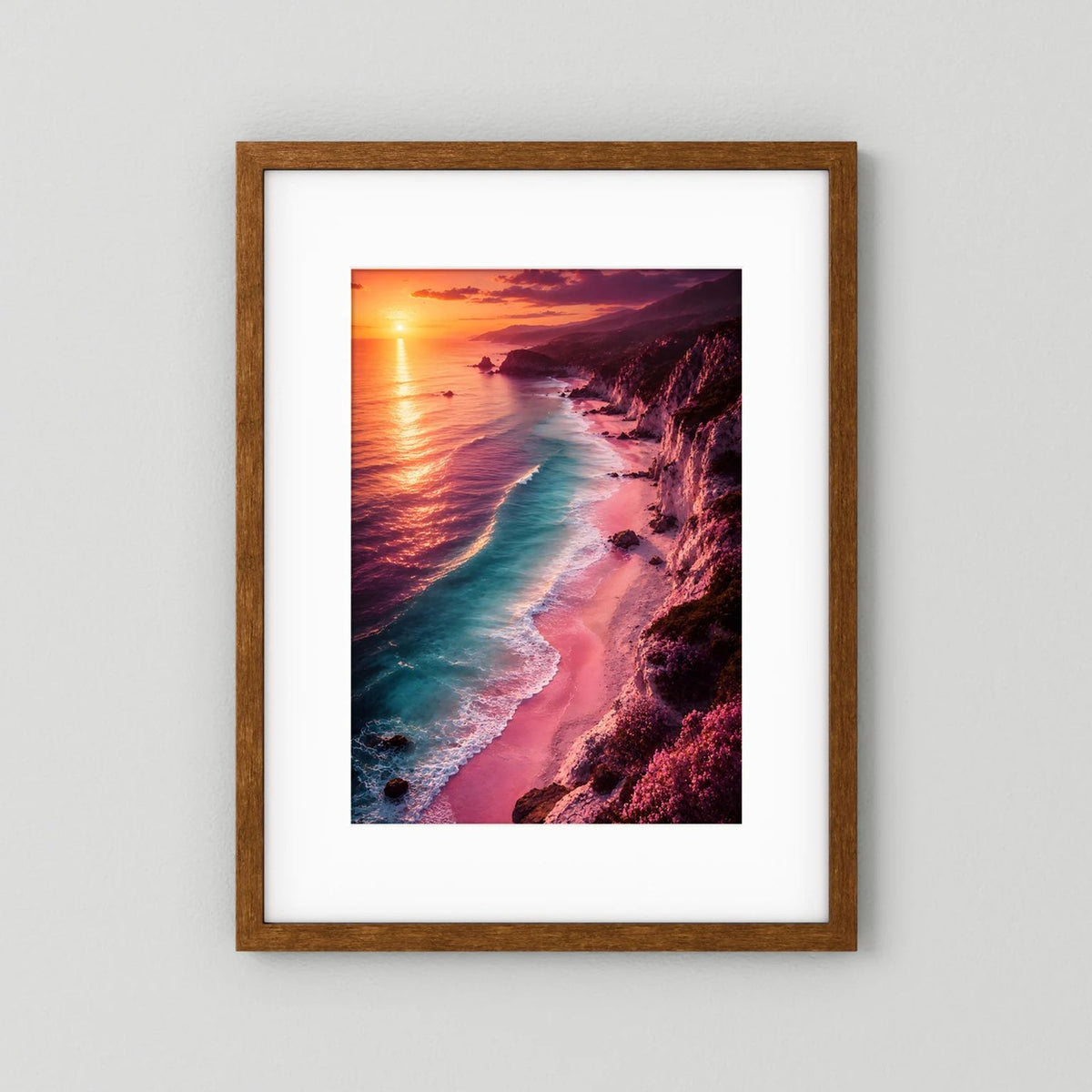 Hochformat-Poster Sonnenuntergangsküste mit Meer und Strand, brauner Rahmen mit weißem Rand