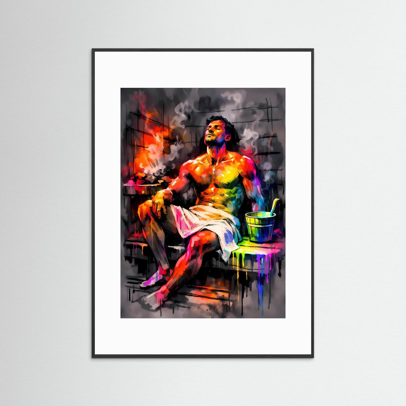 Die Kunst der Entspannung | Neon Sauna Poster mit männlicher Silhouette & Regenbogen-Farben | Abstraktes Pop-Art Kunstposter Hochformat