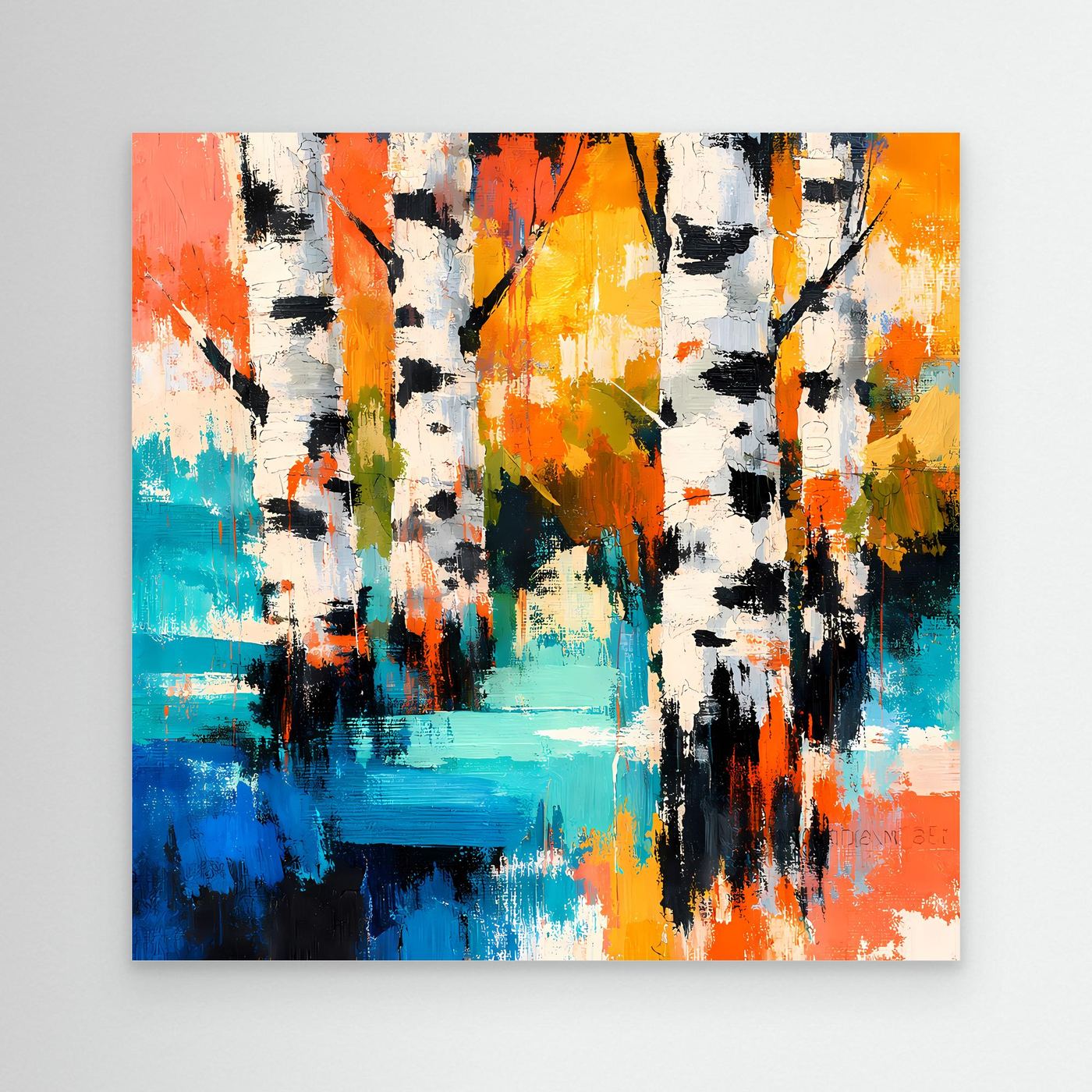 Abstract birch tree canvas wall art with colorful vertical strokes, no frame