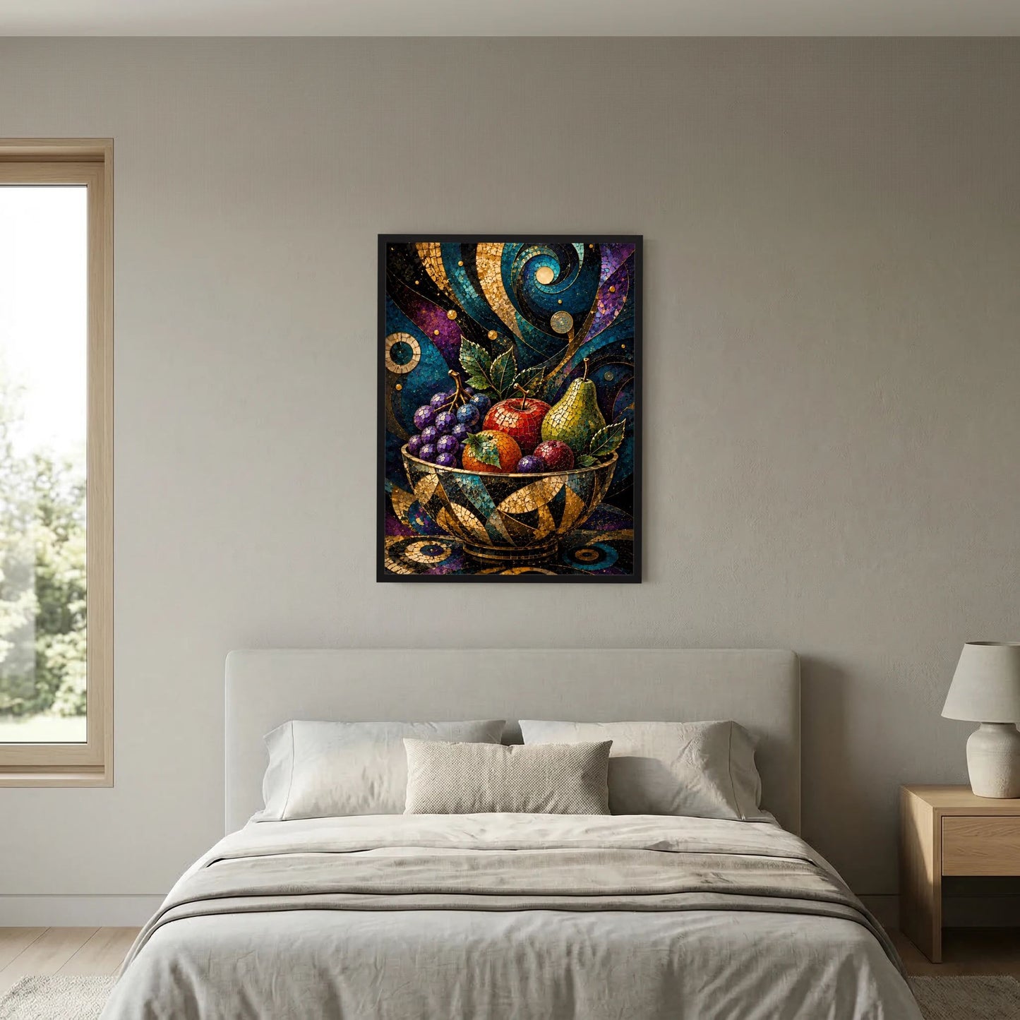 Wandkunst-Poster mit Mosaik-Obstschale und goldenen Ornamenten im Hochformat