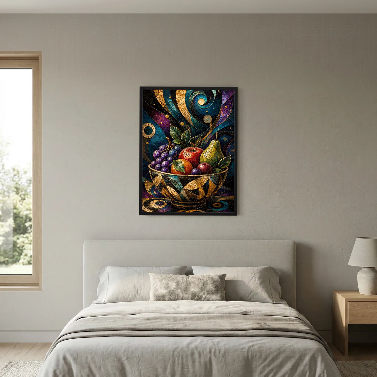 Wandkunst-Poster mit Mosaik-Obstschale und goldenen Ornamenten im Hochformat