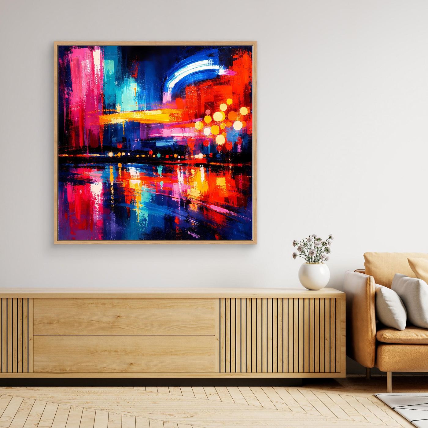 Gerahmtes Leinwandbild: abstrakte City-Skyline bei Nacht mit warmen Lichtpunkten und Reflexen