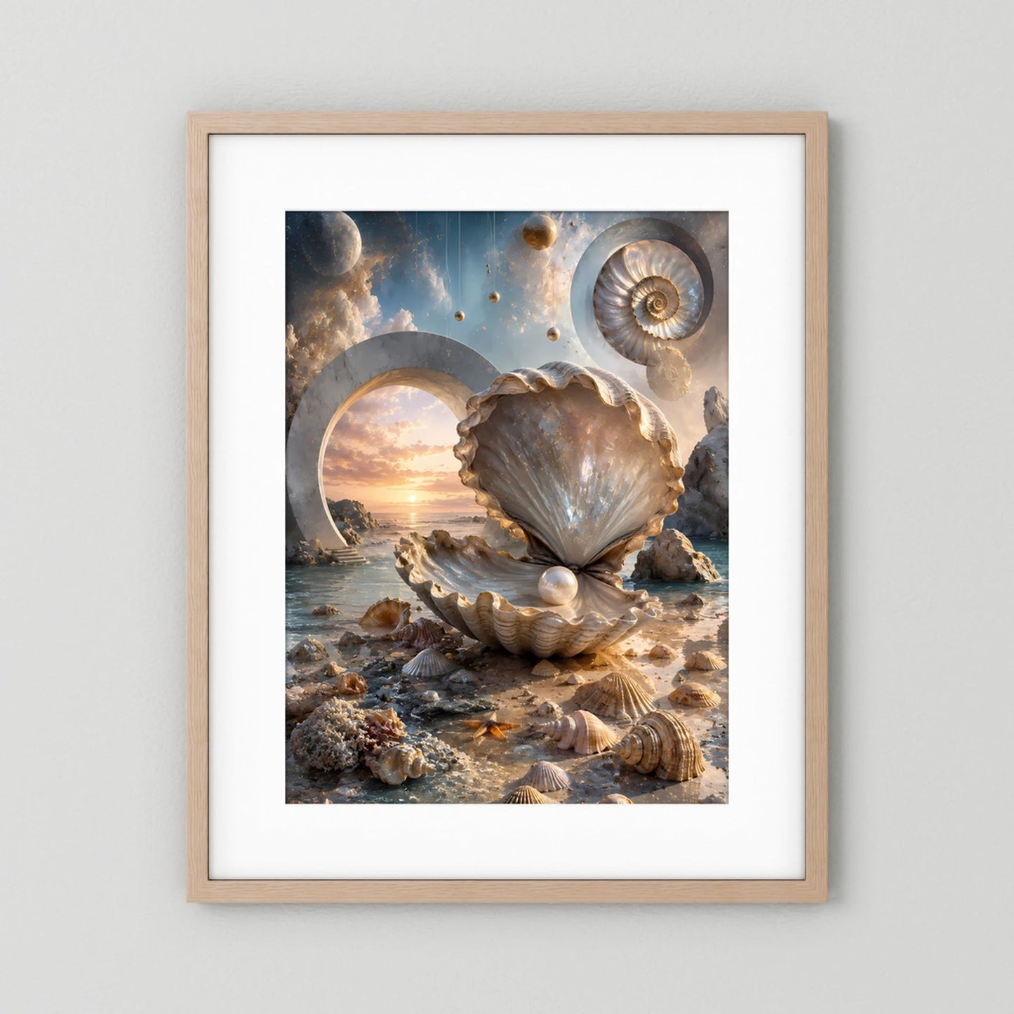 Hochformat-Poster mit Muschelmotiv in Creme und Gold, beiger Holzrahmen