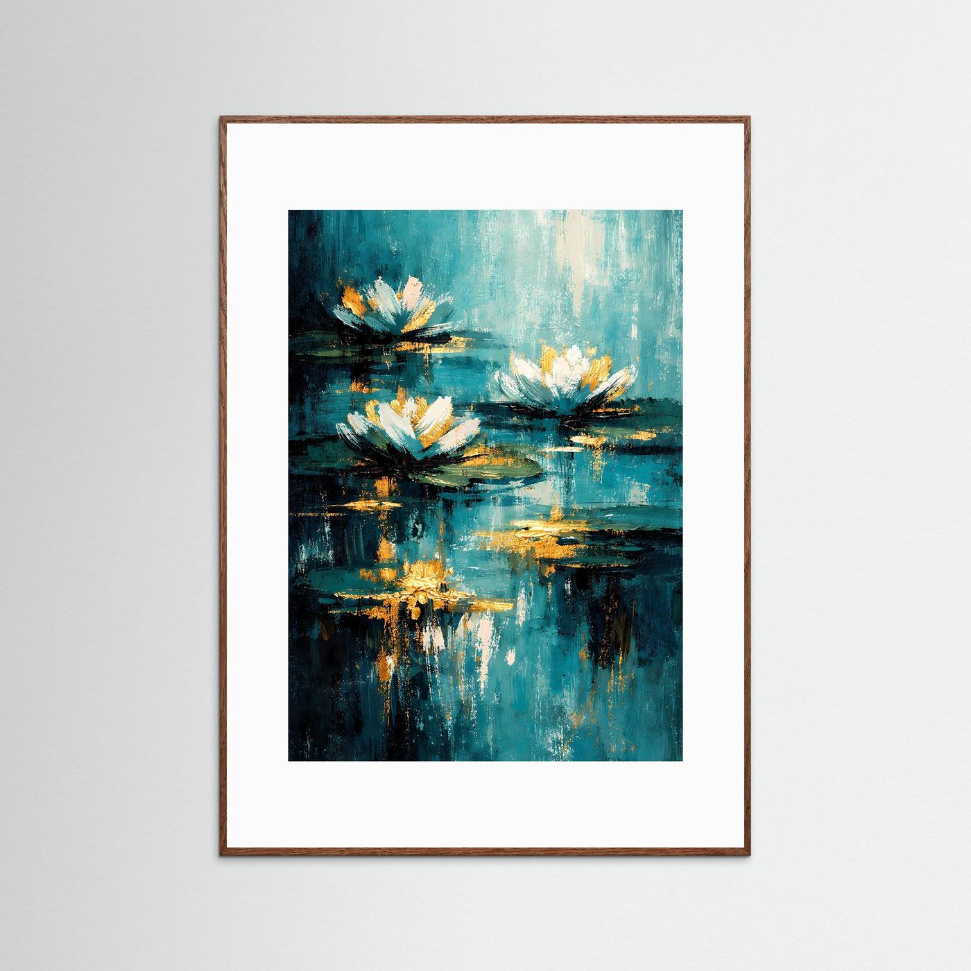 Wandposter mit abstrakten Seerosen auf blauem Teich, türkis und goldfarben, braun gerahmt.