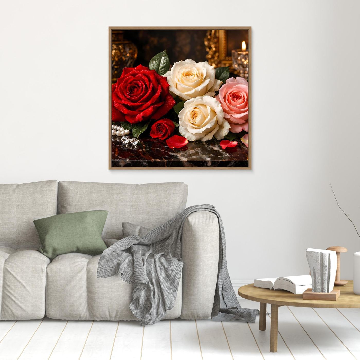 Kleines gerahmtes Leinwandbild mit Rosenstillleben: rote, weiße und rosafarbene Rosen, brauner Rahmen.