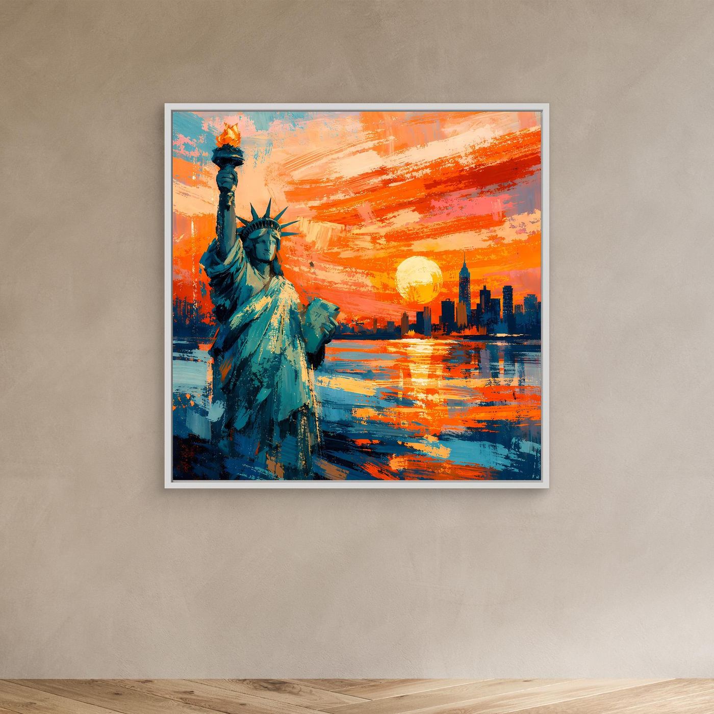 Leinwand-Wandbild mit Freiheitsstatue, blaugrüne Statue vor orange-rotem Himmel und gelber Sonne