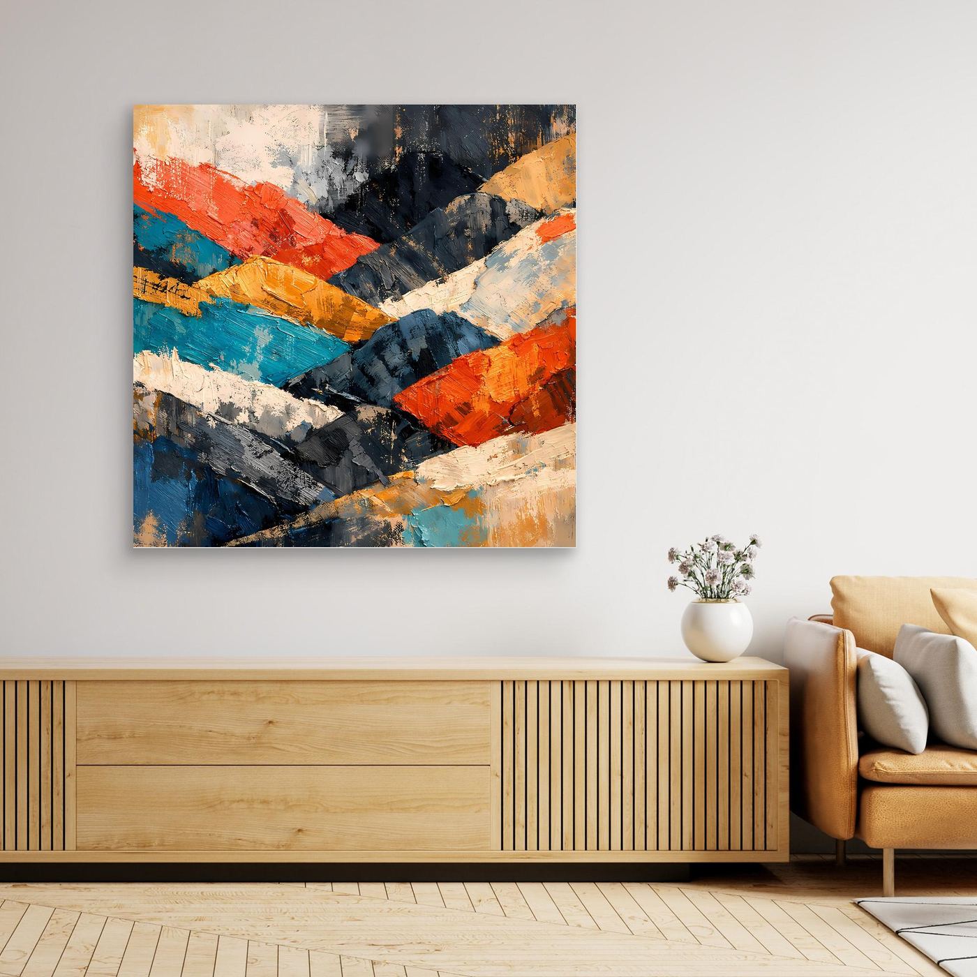 Abstraktes Leinwand-Wandbild mit Gebirgsmotiv, bunte Farb- und Pinselstreifen, ohne Rahmen