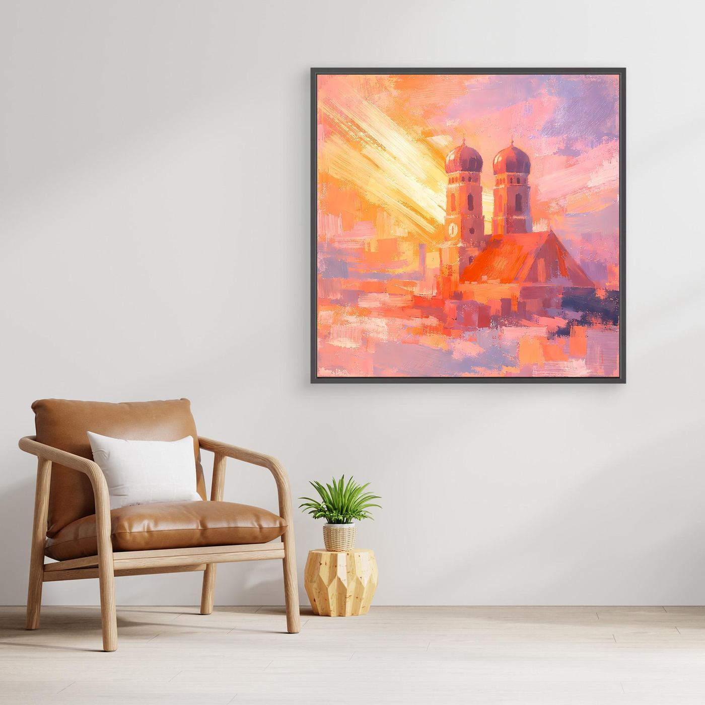 Premium Leinwand Frauenkirche München im Sonnenaufgang | Abstraktes Skyline Wandbild Bayern