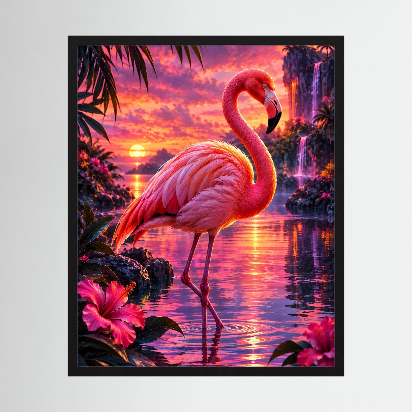 Flamingo-Tierposter im schwarzen Rahmen: pinker Flamingo vor Tropenwasser und farbigem Himmel