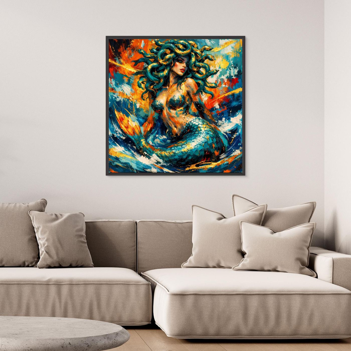 Gerahmtes Leinwandbild mit Meerjungfrau in Blaugrün, Orange-Feuer und türkisfarbenen Wellen, abstrakt.