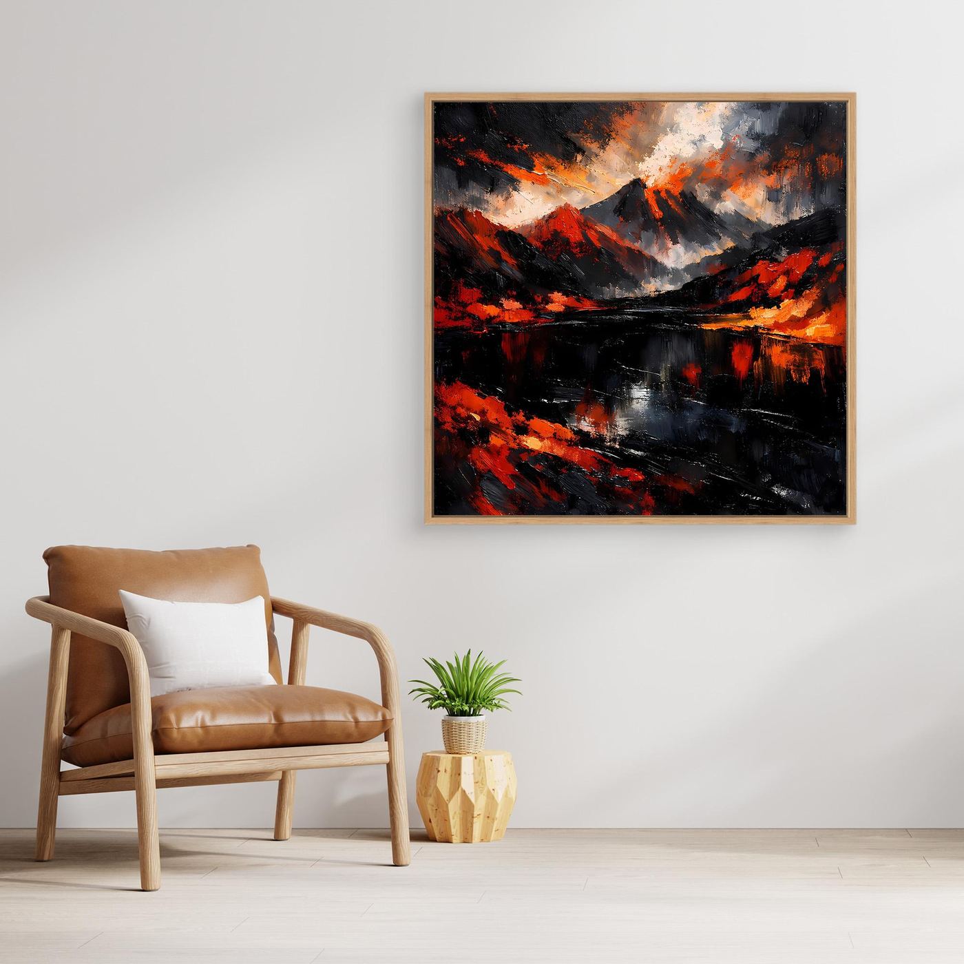 Wandbild Leinwand mit beigem Holzrahmen: abstrakte Vulkanlandschaft in Rot, Schwarz und Grau
