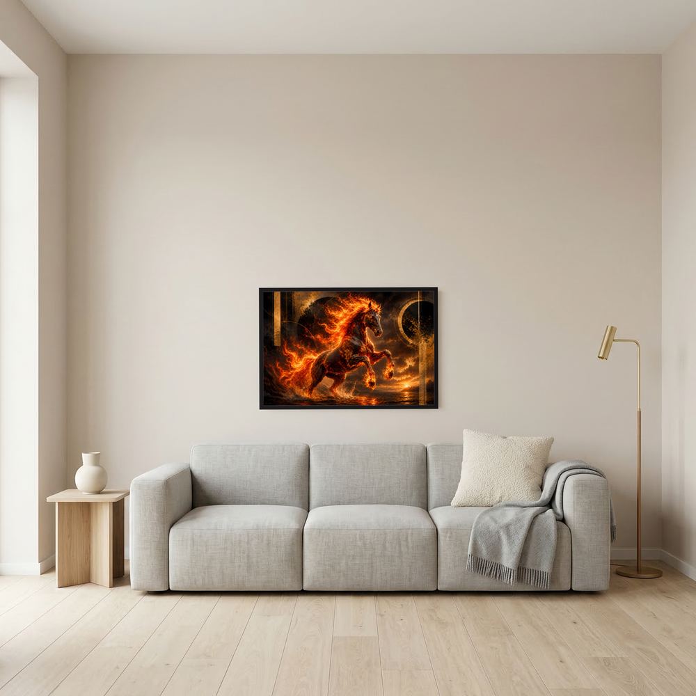 Feuerpferd-Wandposter mit schwarzem Rahmen und Flammenpferd in Schwarz, Gold, Orange