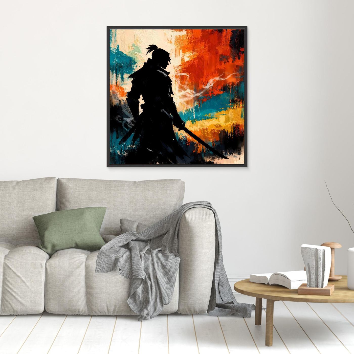 Wandbild mit Samurai-Silhouette und abstrakten Farbflecken, schwarzer Rahmen