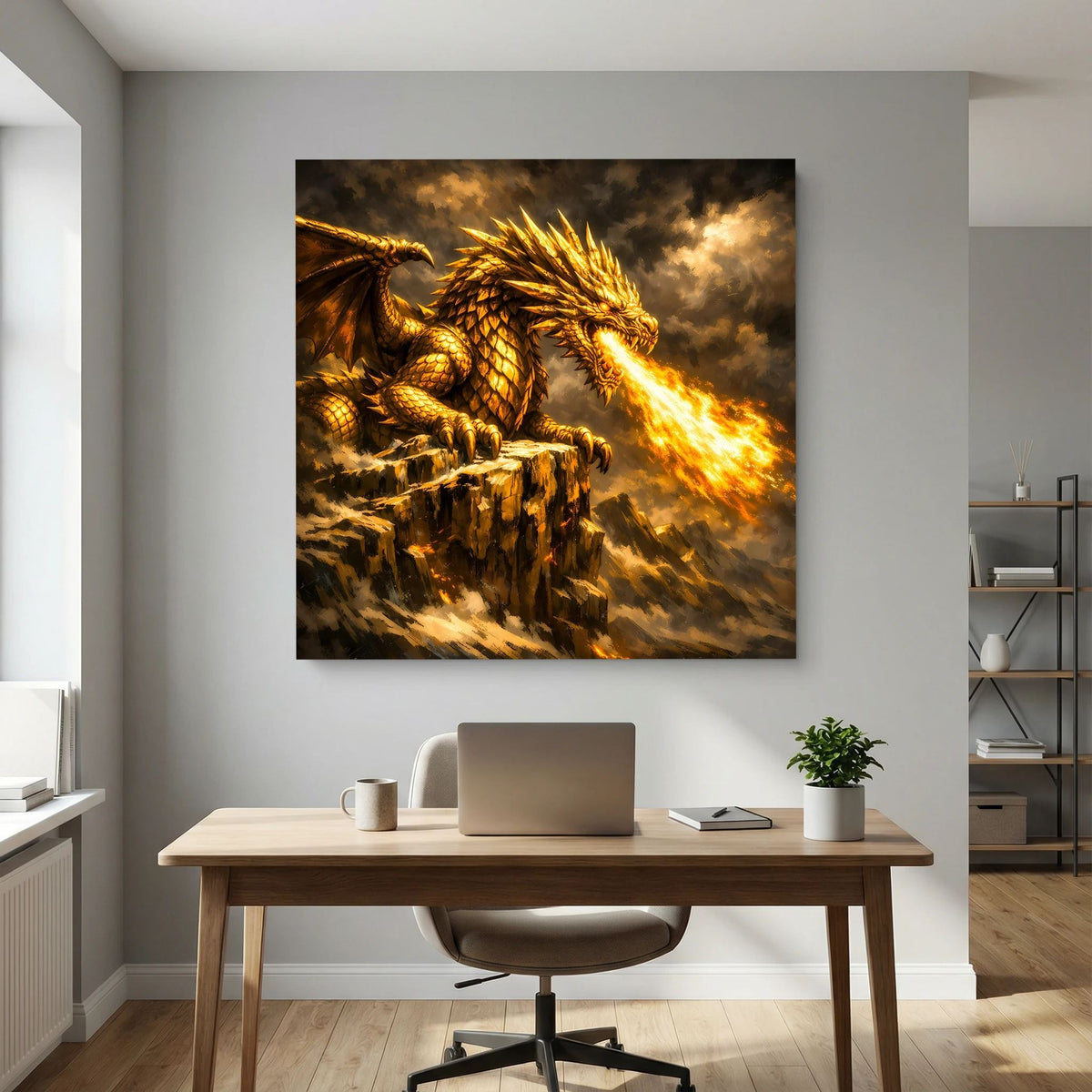 Fantasy-Leinwandbild: goldener Drache mit Feuerstrahl, sitzt auf Felsen, quadratischer Rahmen