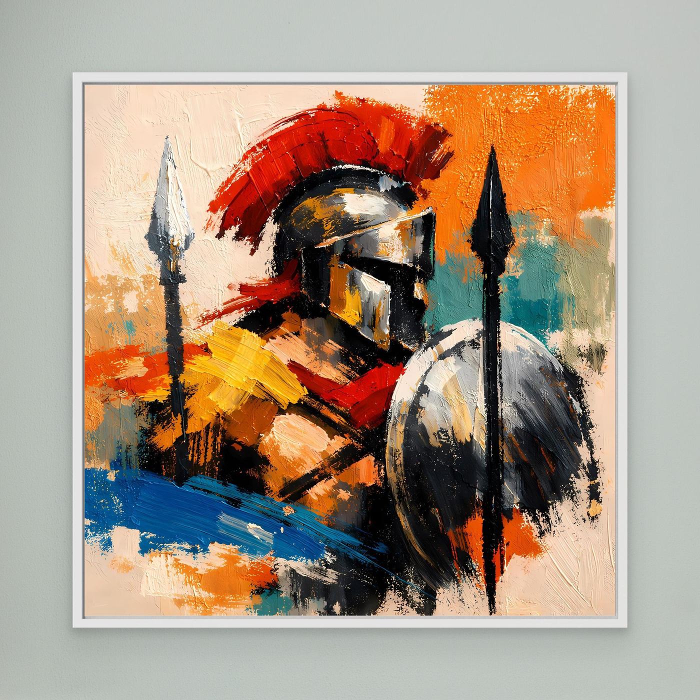Abstract gladiator wall art: helmet, shield, spears, bright colors; white frame