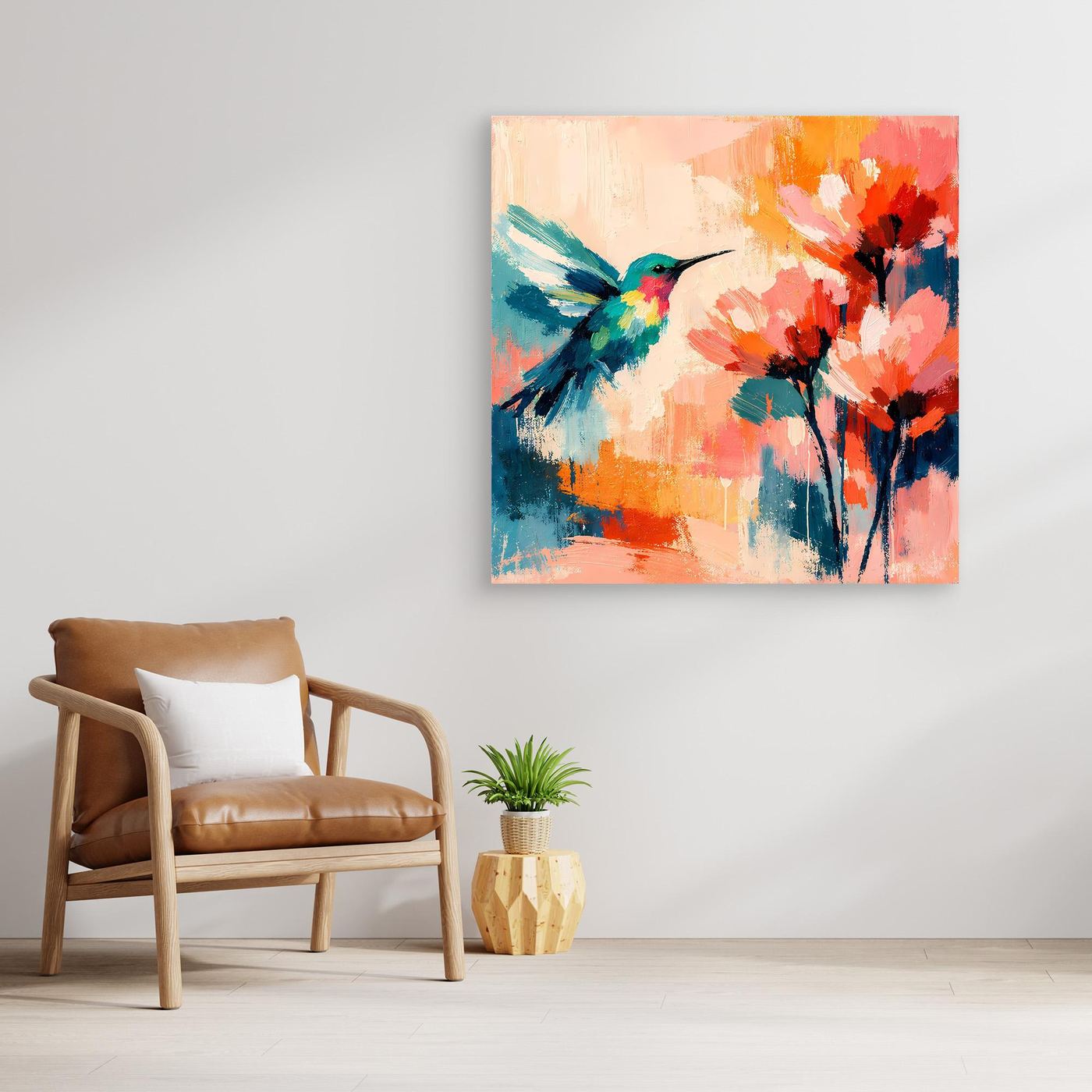 Abstract hummingbird canvas wall art with colorful flower blooms, unframed