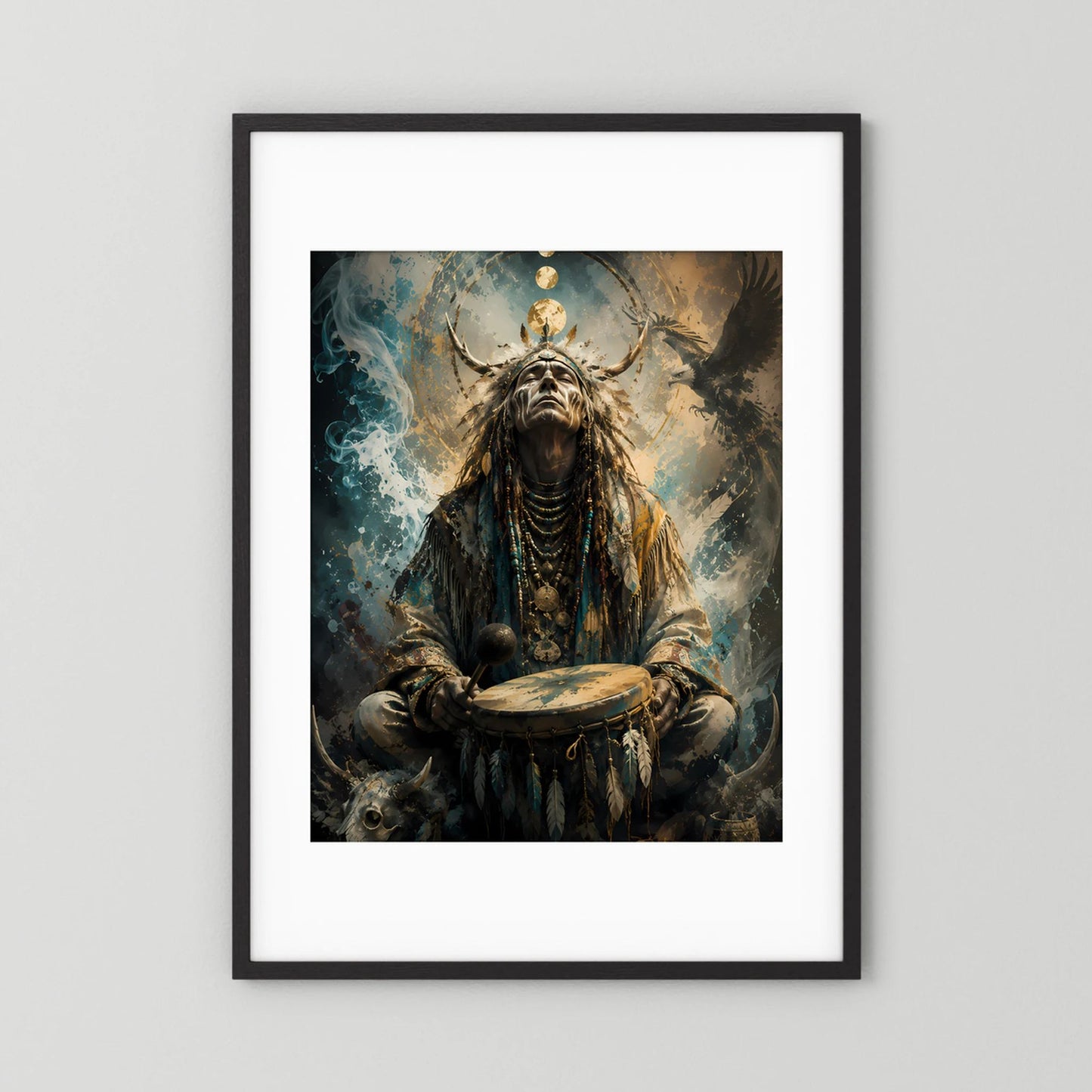 Kunstposter Hochformat: Schamane mit Trommel, gold-blau, schwarz-weiß gerahmt