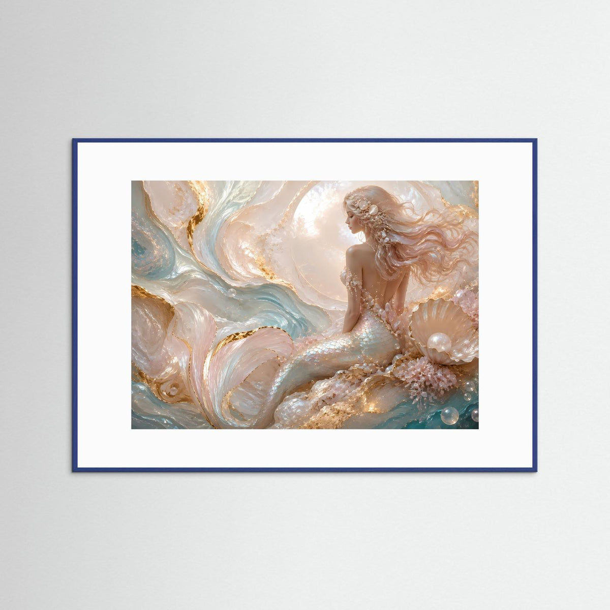 Querformat-Poster mit Meerjungfrau, Perlen und Muscheln in Pastell, blauer Rahmen