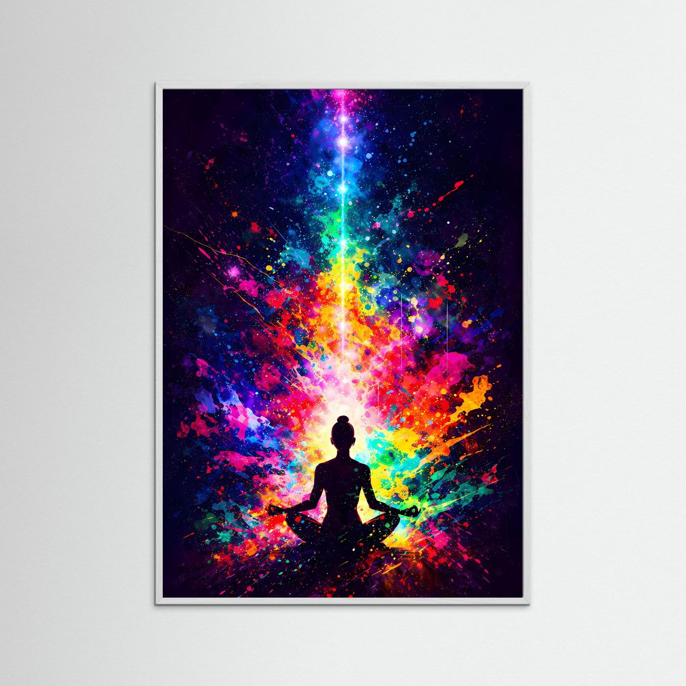 Innere Harmonie & Kosmische Energie | Abstraktes Meditations-Poster mit Yoga Silhouette in Neonfarben | Modernes Kunstposter Hochformat