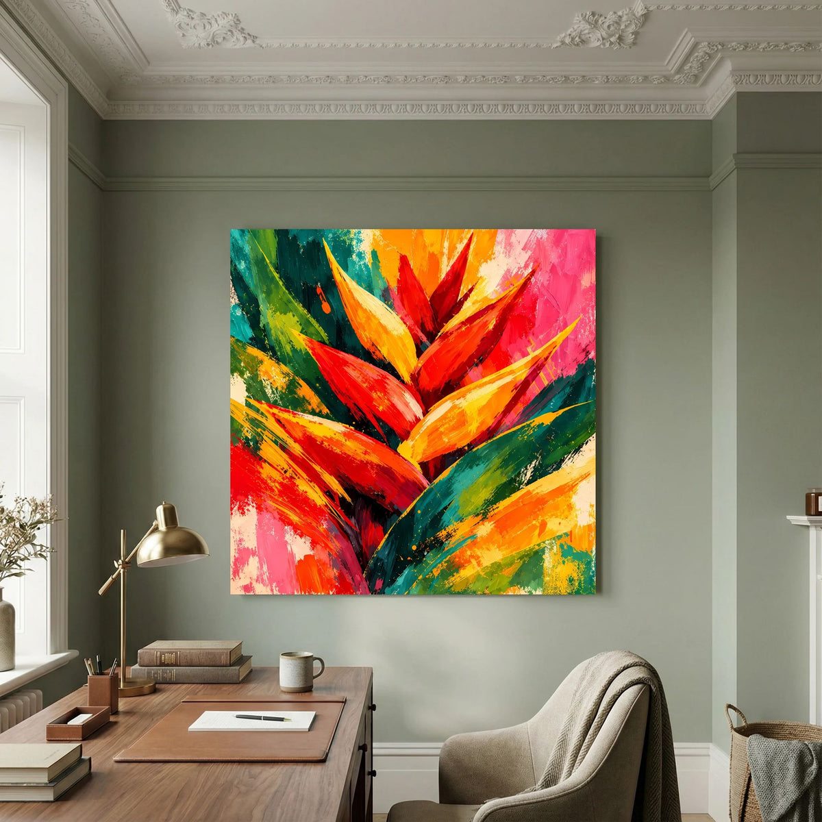Leinwand Abstrakte Helikonie Blüte | Modernes Tropen Wandbild Bunt Exotisch