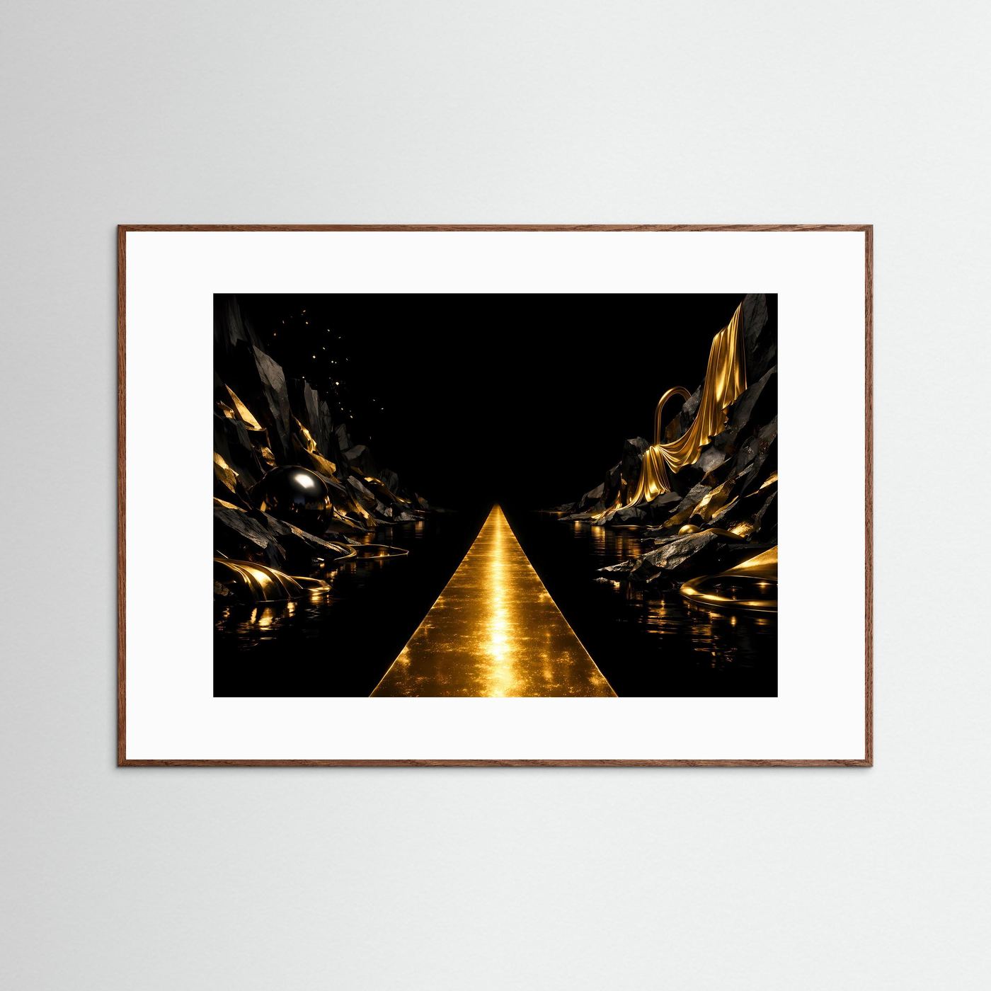 Goldener Pfad in Mystischer Felslandschaft | Luxus Kunst & Elegante Wanddeko Querformat