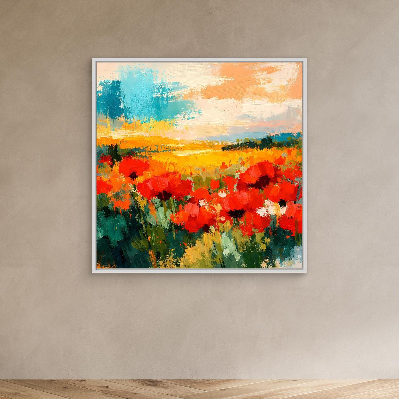 Abstract poppy field canvas wall art with red flowers and teal clouds over sunset