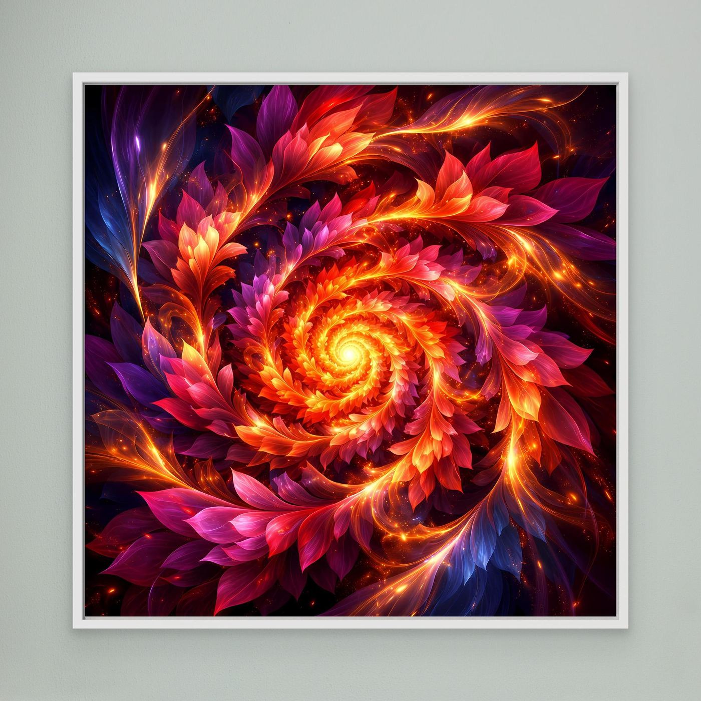 Gerahmtes Leinwandbild: feurige Spirale in Orange, Rot, Lila, weißer Rahmen