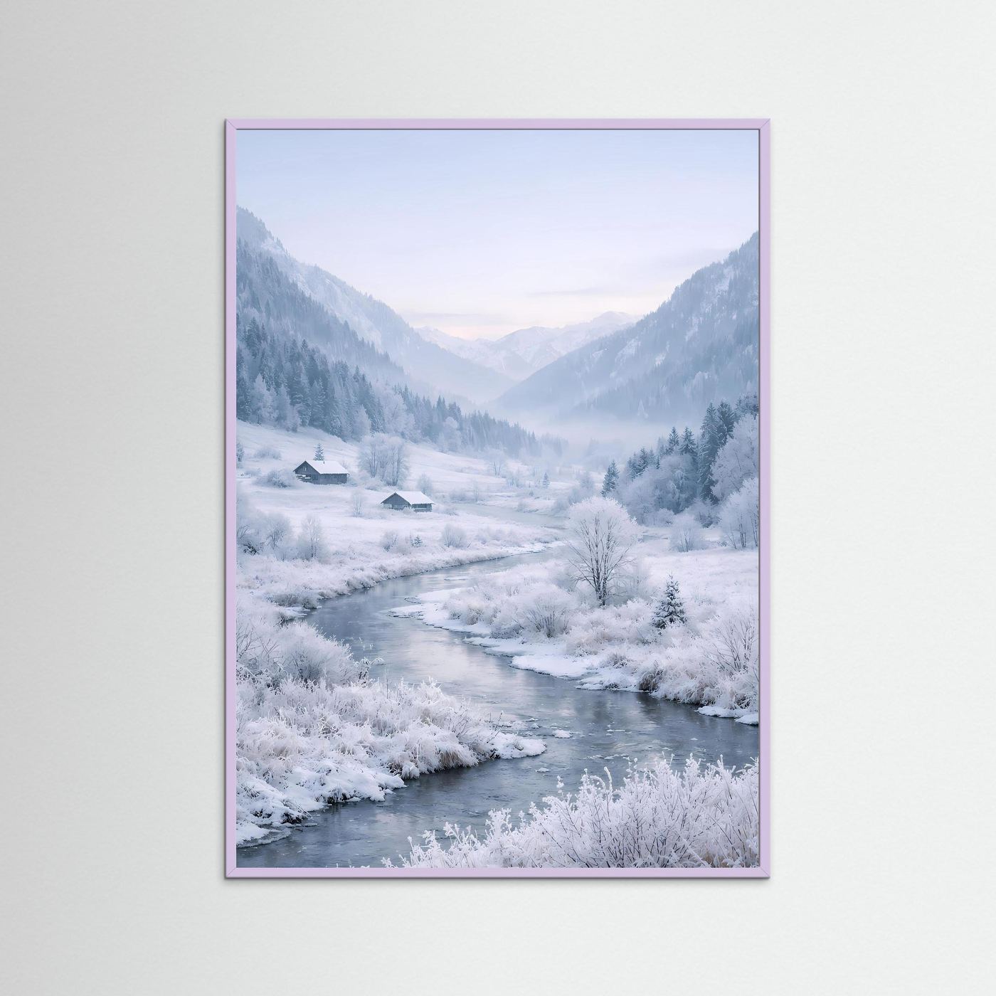 Gerahmtes Wandbild Winteralpen mit verschneitem Flusslauf, lila Rahmen