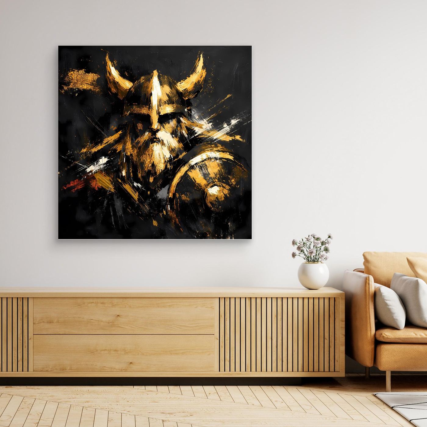Leinwand Goldener Wikinger mit Schild | Abstraktes Nordmann Wandbild Modern
