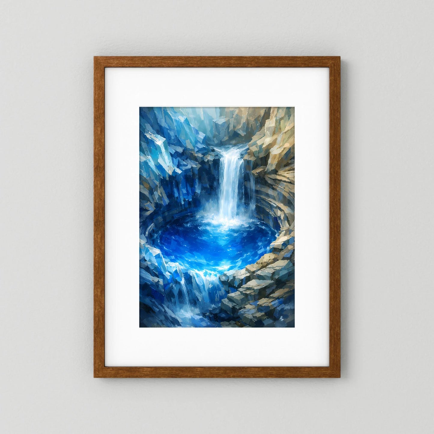 Poster im Hochformat mit abstraktem Wasserfall in Blau/Türkis, brauner Holzrahmen und weißer Rand