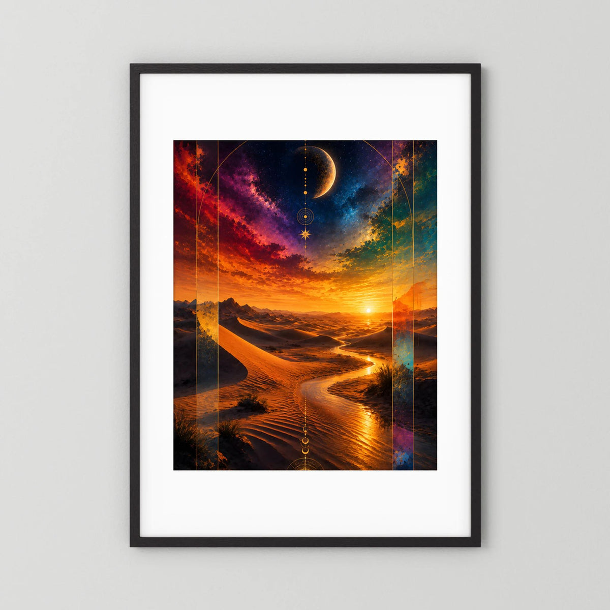 Poster Hochformat mit schwarzem Rahmen und weißem Rand: Wüste, Mond, Sonnenuntergang.