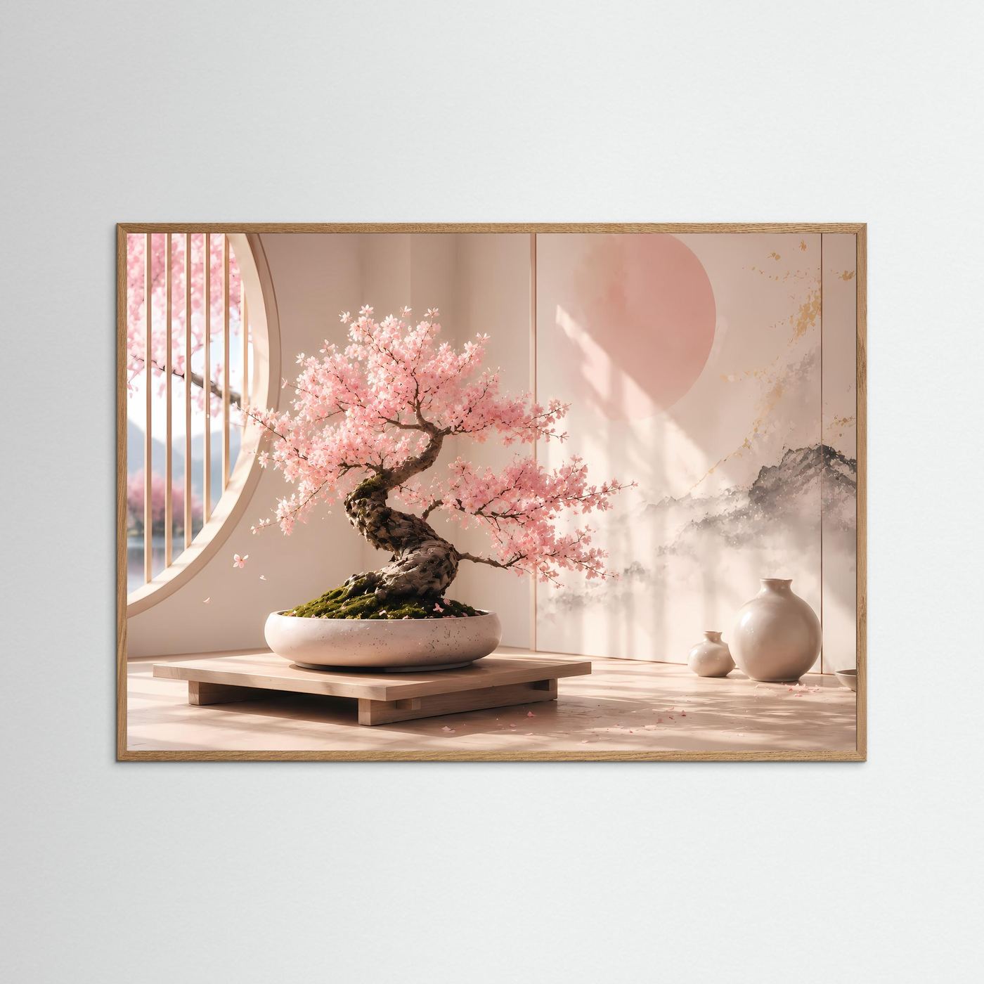 Querformat-Poster mit Kirschblüten-Bonsai im hellen Holzrahmen, rosa Blüten, Vasen.