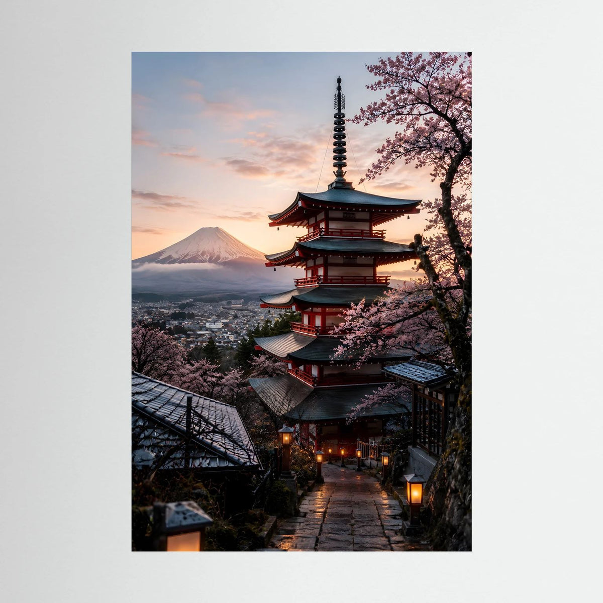 Japanisches Poster im Hochformat mit Pagode, Kirschblüten und Fuji im Abendlicht