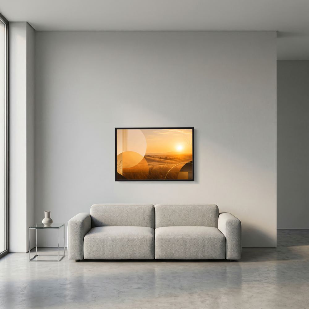 Gerahmtes Querformat-Poster mit abstrakter Landschaft in warmen Erdtönen, schwarzer Rahmen
