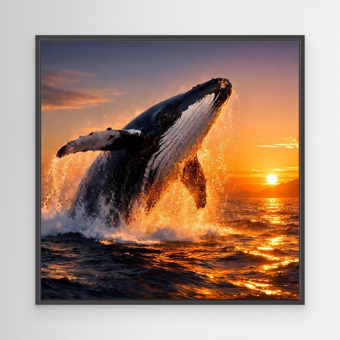 Leinwandbild mit springendem Buckelwal am Meer, im schwarzen Rahmen.