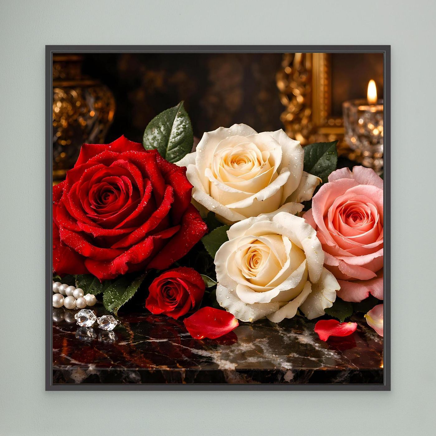 Gerahmtes Leinwandbild mit Rosenstillleben: rote, weiße und rosafarbene Rosen, dunkler Rahmen.