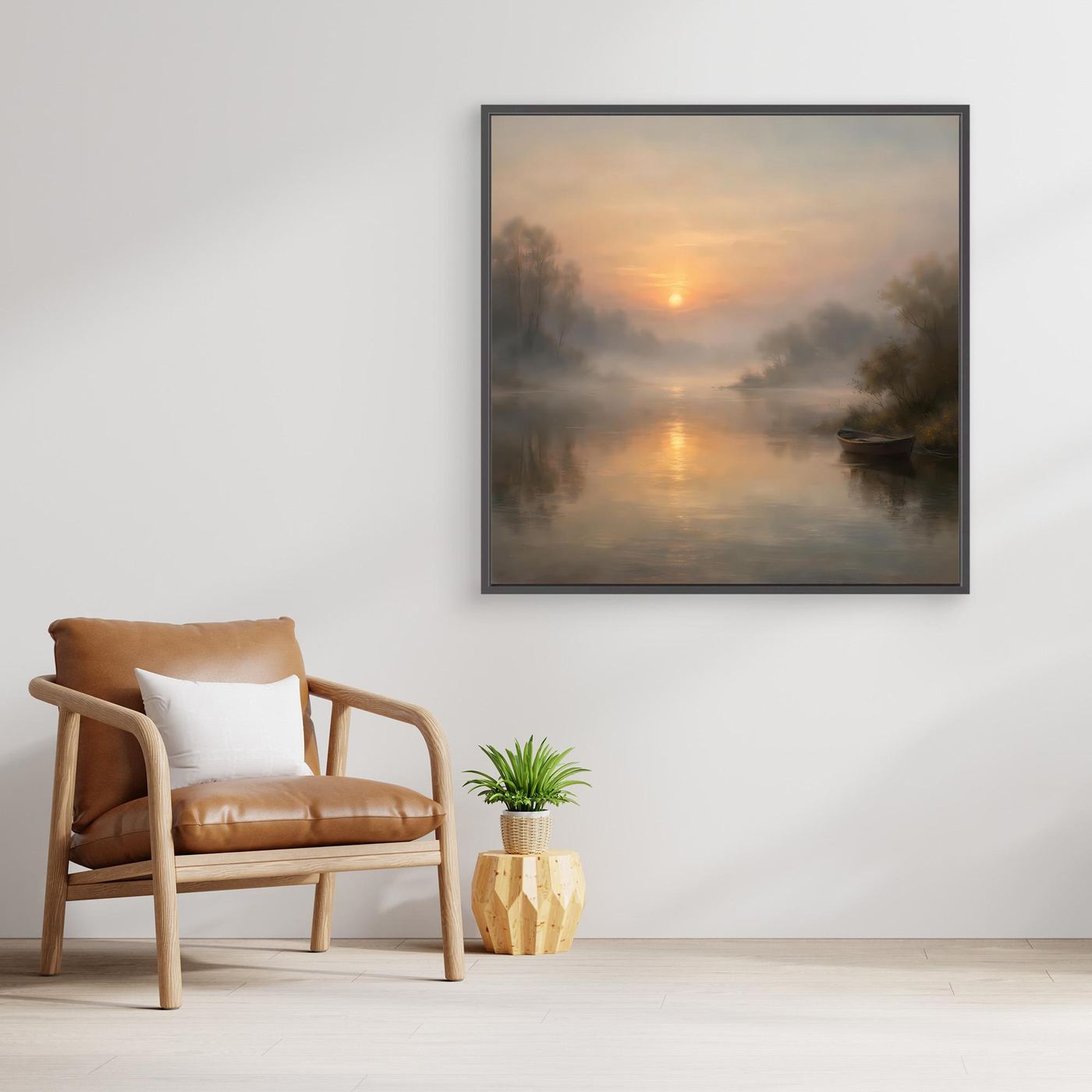 Quadratisches Leinwandbild mit nebligem Fluss und Sonnenaufgang, schwarz eingefasst
