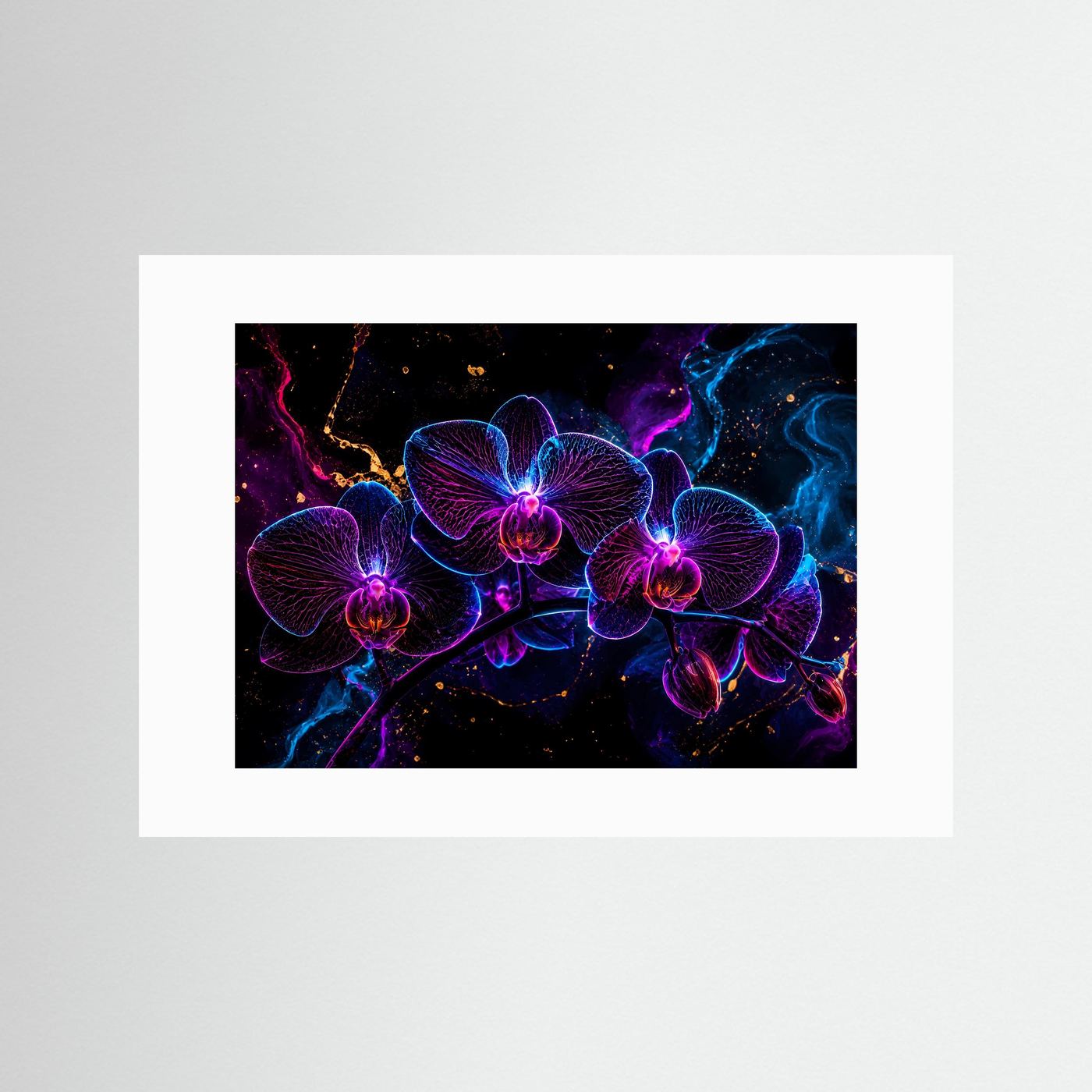 Neon Orchideen Poster | Leuchtende Blumen Wandkunst | Futurale Floral Art in Blau & Magenta | Abstrakte Luxus Wall Art | Modernes Leinwandbild