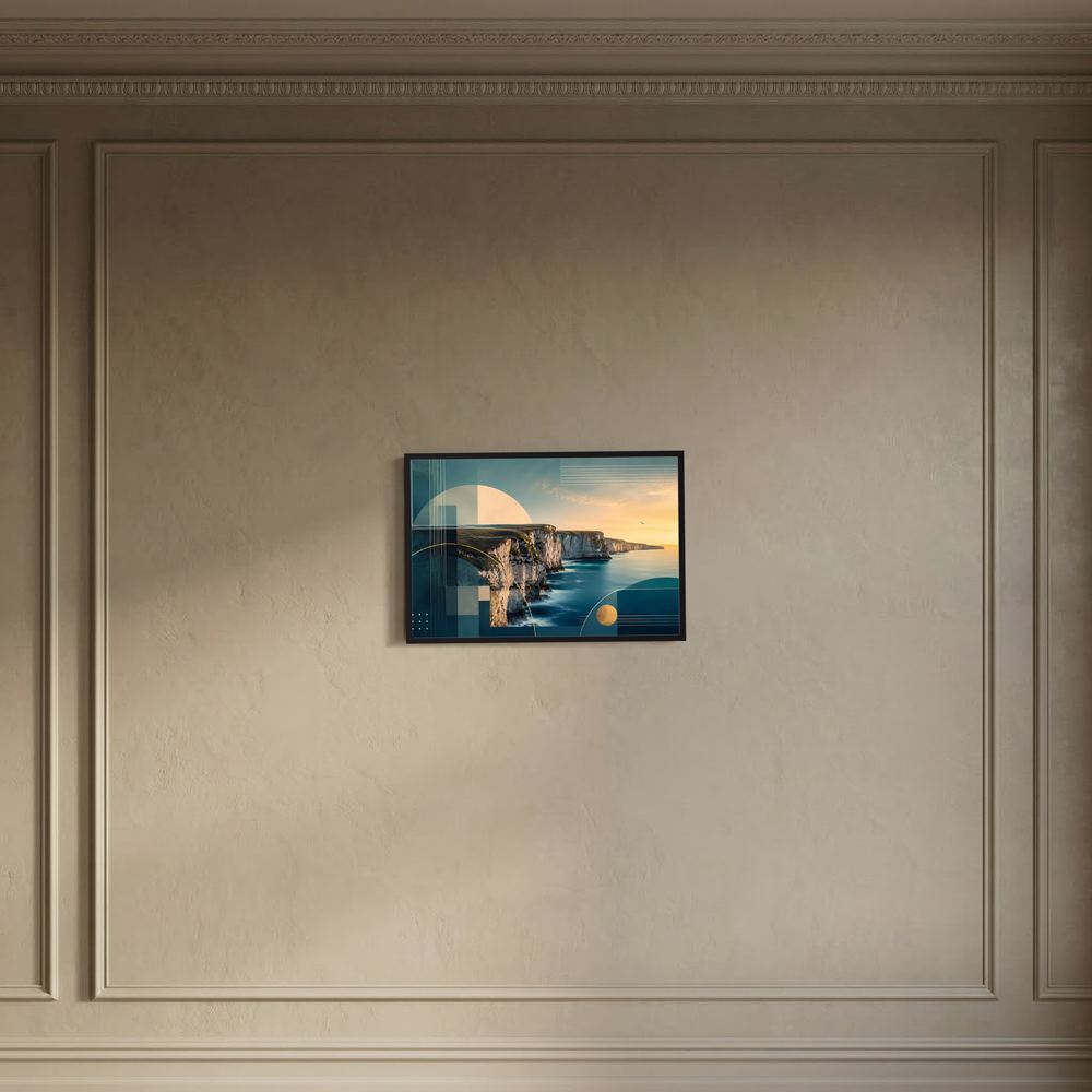 Querformat-Poster mit abstrakter Küstenlandschaft in Teal- und Goldtönen, dunkler Rahmen