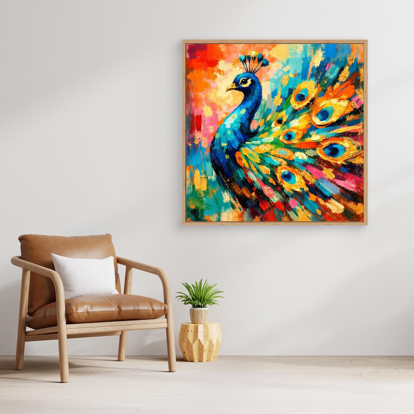 Abstraktes Pfau-Leinwandbild mit leuchtenden Farben, mit Rahmen