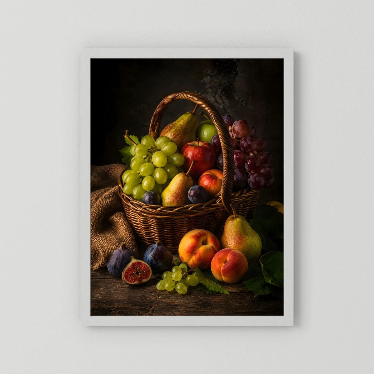 Poster mit Obstkorb-Stillleben, vertikal, weißer Rahmen