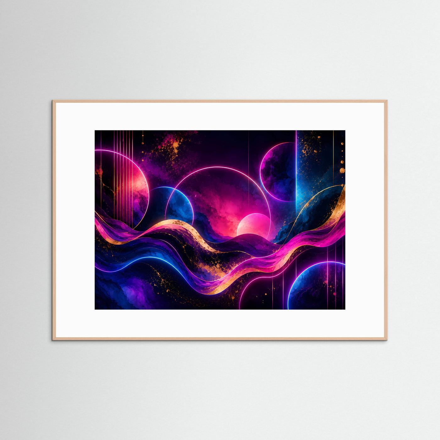 Querformat-Poster mit abstrakten Neonwellen in Pink und Blau, naturfarbener Holzrahmen