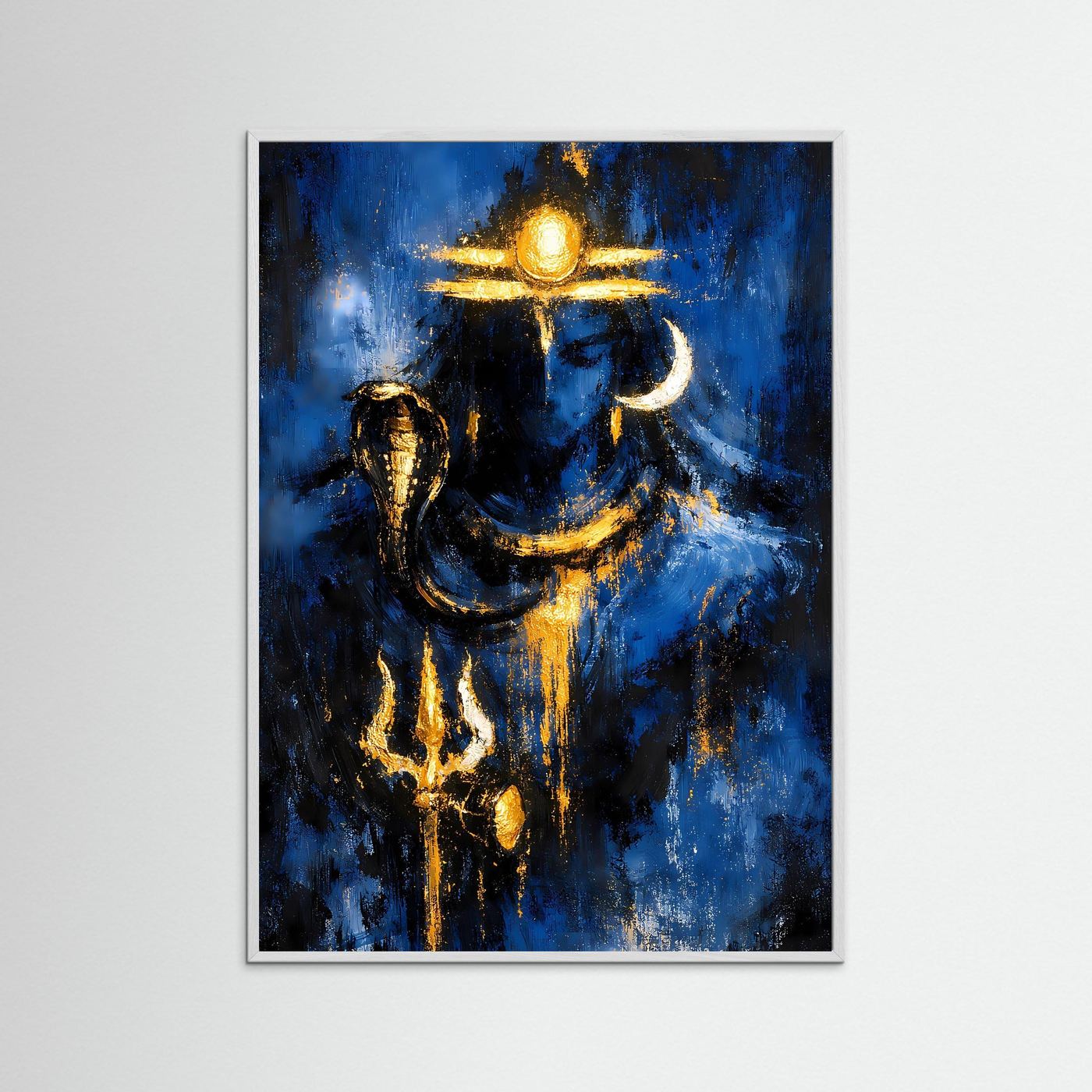 Poster mit Shiva-Figur in Gold und tiefblau, abstraktes Hochformat mit dunklem Rahmen
