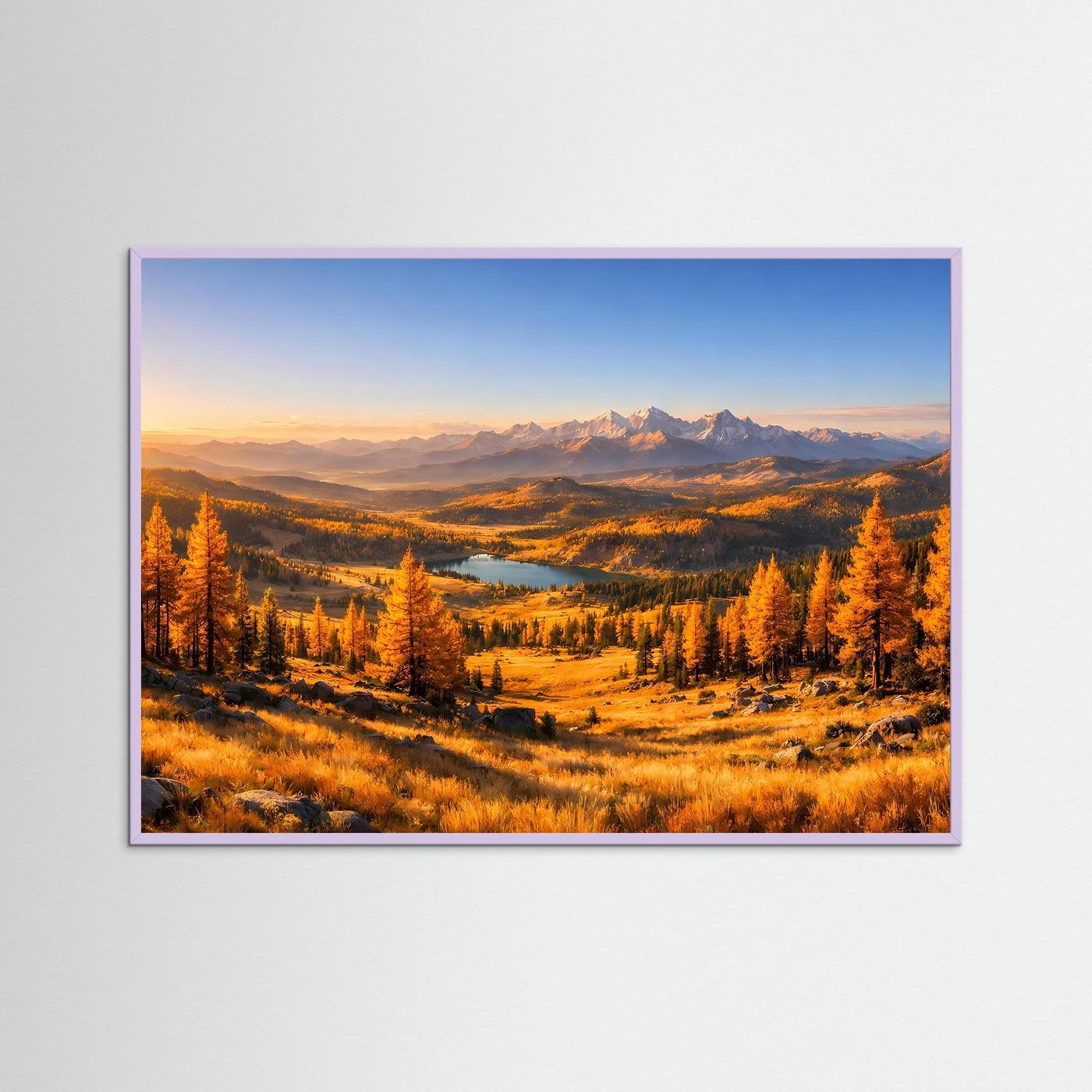 Wandbild mit violettem Rahmen: Herbstlandschaft mit Bergen, Bäumen und Fluss