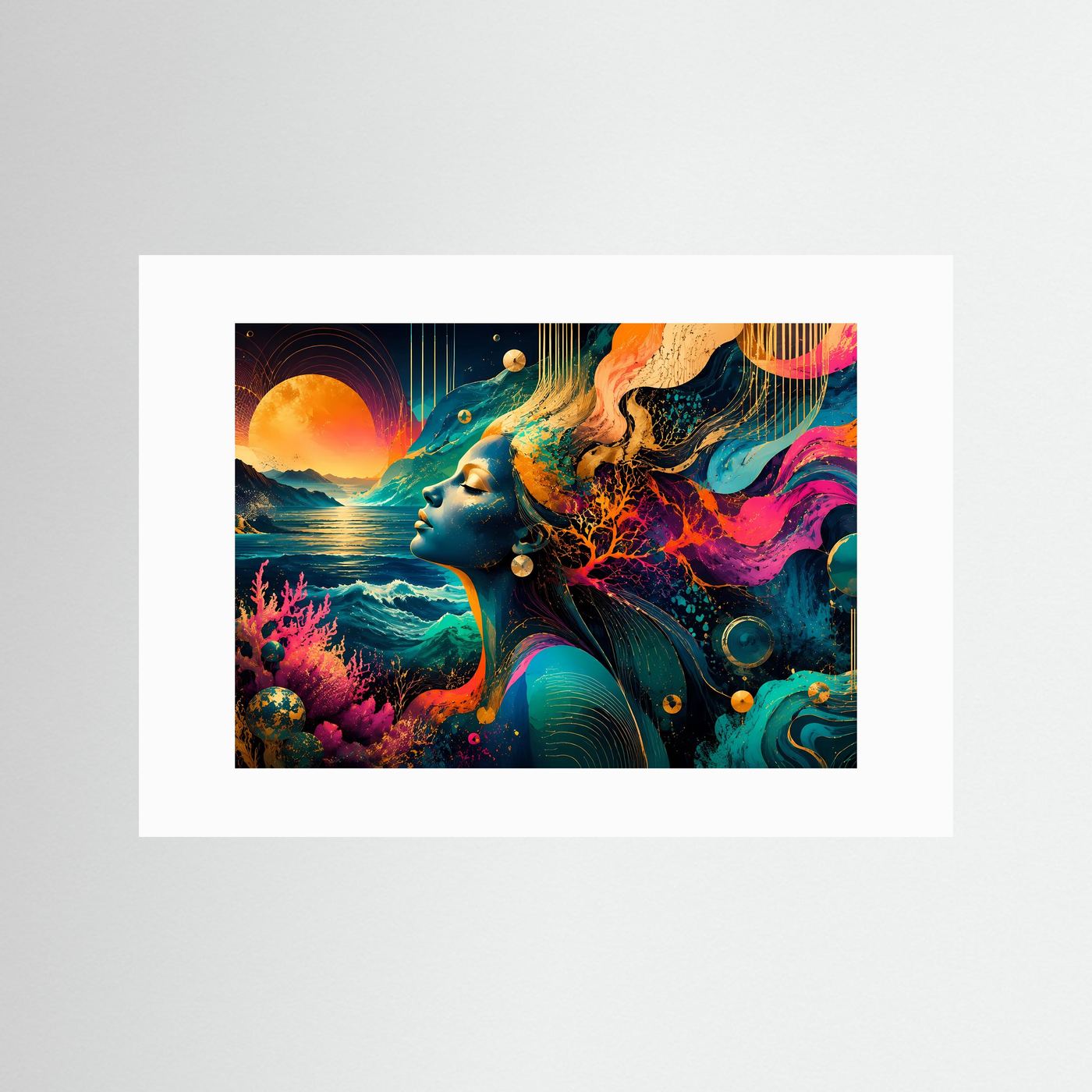 Abstrakte Meeresgöttin Wandbild | Moderne Ozean Frau Kunst | Farbenfrohe Coastal Wall Art | Türkis Pink Gold Poster | Luxuriöse Leinwand Dekoration