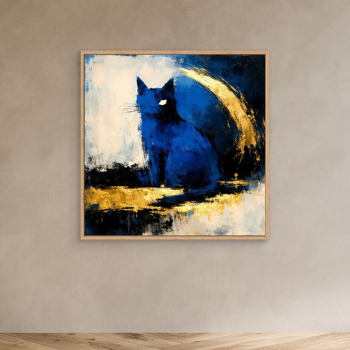 Abstraktes Wandbild mit blauem Tiermotiv, goldener Fläche und hellem Holzrahmen