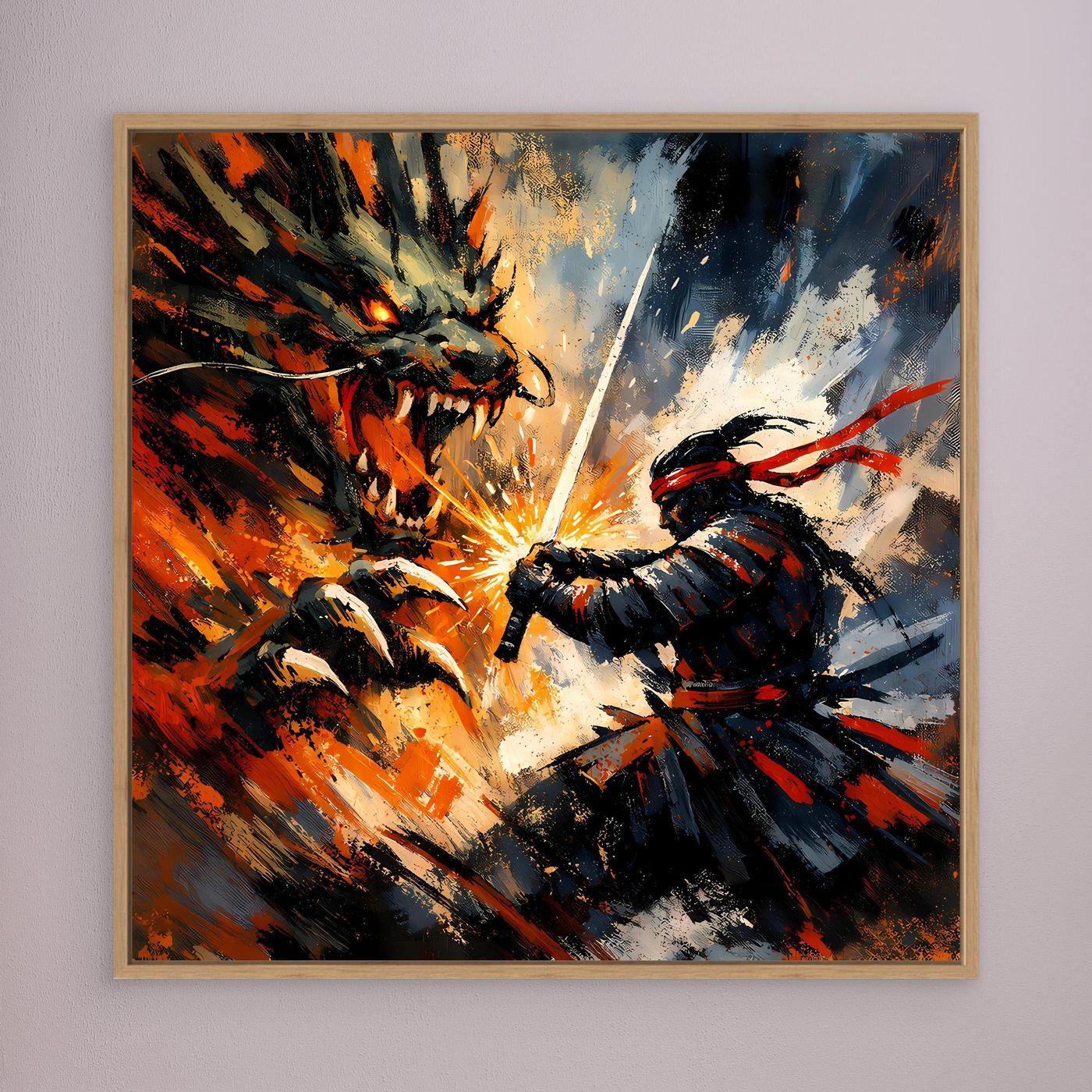 Premium Leinwand Samurai gegen Drache | Abstraktes Fantasy Wandbild Voller Dynamik & Kampfgeist