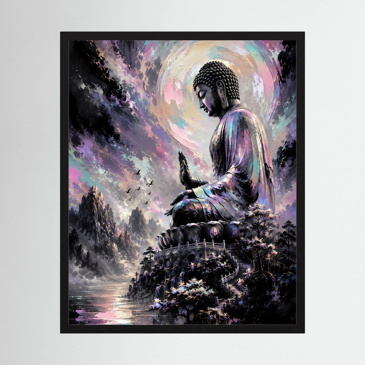 Kunstposter Hochformat mit sitzendem Buddha, Pastell-Landschaft und leuchtendem Halo