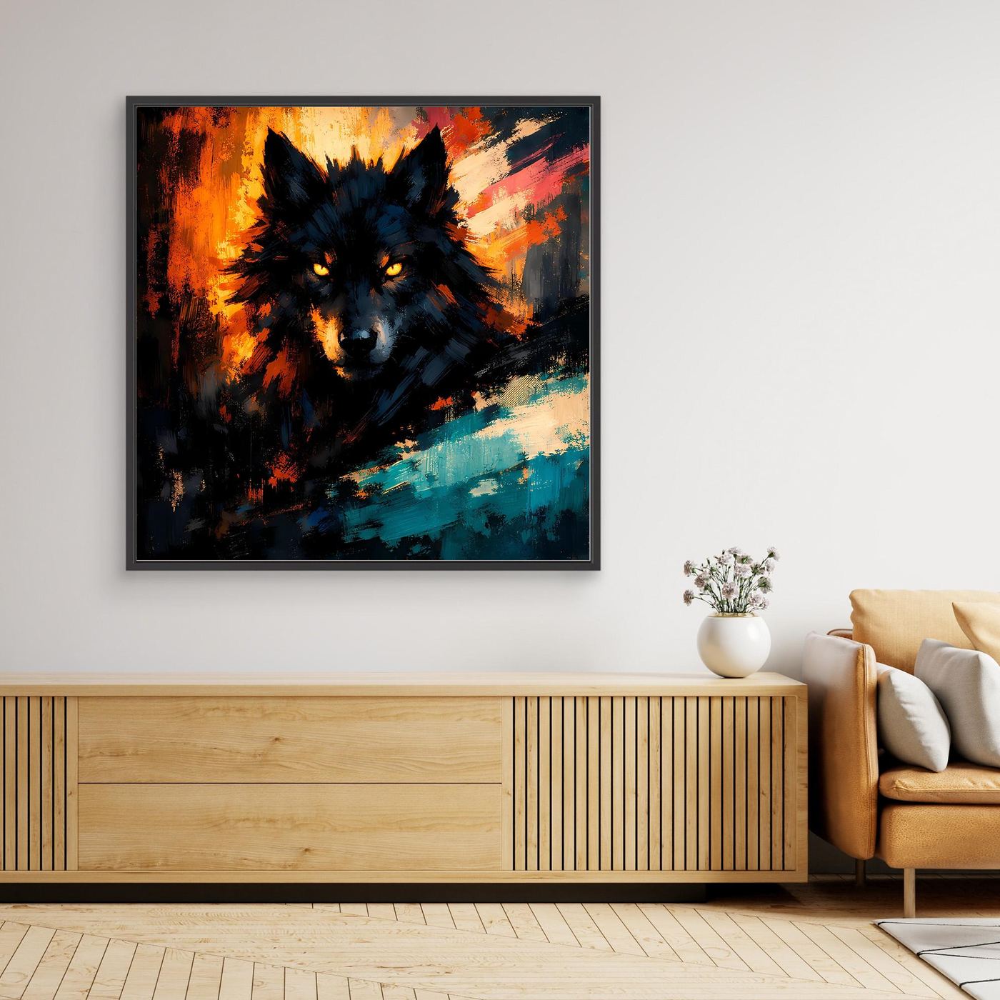 Leinwand-Wandbild: Wolfsmotiv mit Feuer und Blautönen, schwarzer Rahmen