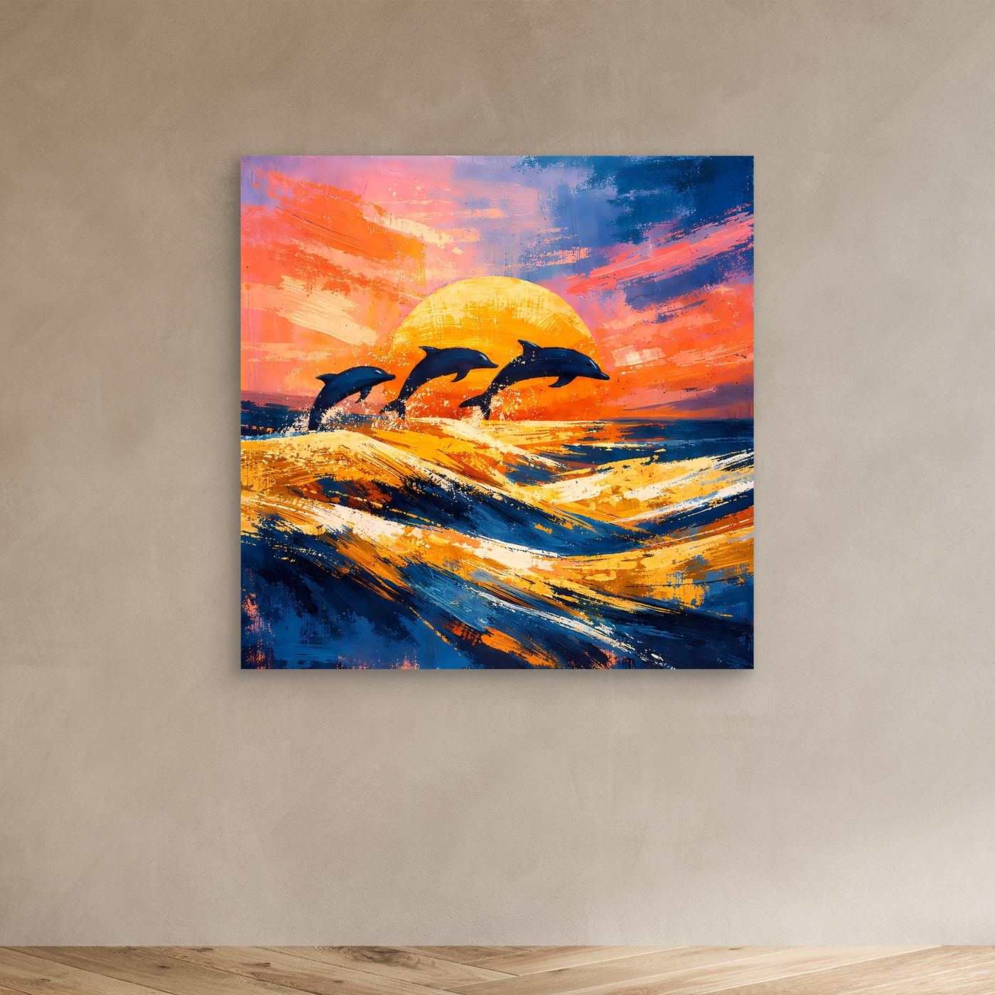 Leinwand Springende Delphine im Sonnenuntergang | Abstraktes Ozean & Meer Wandbild